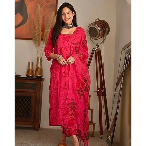 ANNI DESIGNER Women's Cotton Blend Straight Printed Kurta with Pant & Dupatta (Sweet Rani_S_Pink_Small)