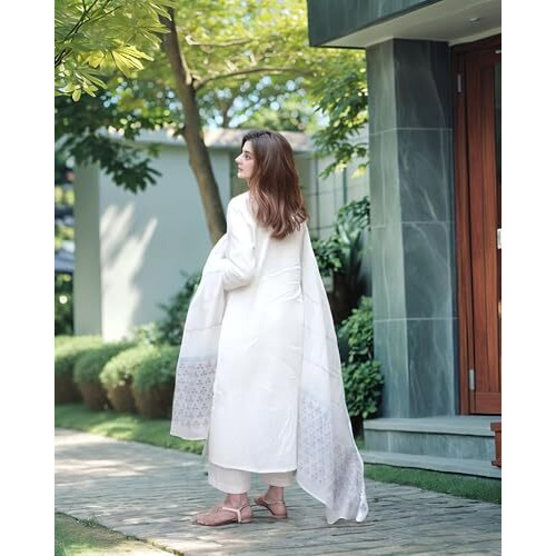 ANNI DESIGNER Women's Rayon Blend Printed Straight Kurta with Pant & Dupatta (Mirai WHITE-VKS02_L_White_Large)