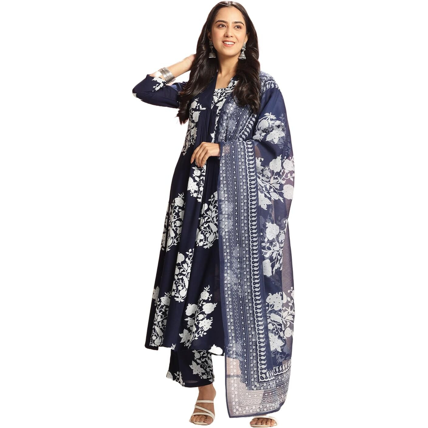 ANNI DESIGNER Women's Rayon Viscose Anarkali Printed Kurta with Pant & Dupatta (Jasiwal Blue-VKS02_5XL_Blue_XXXXX-Large)