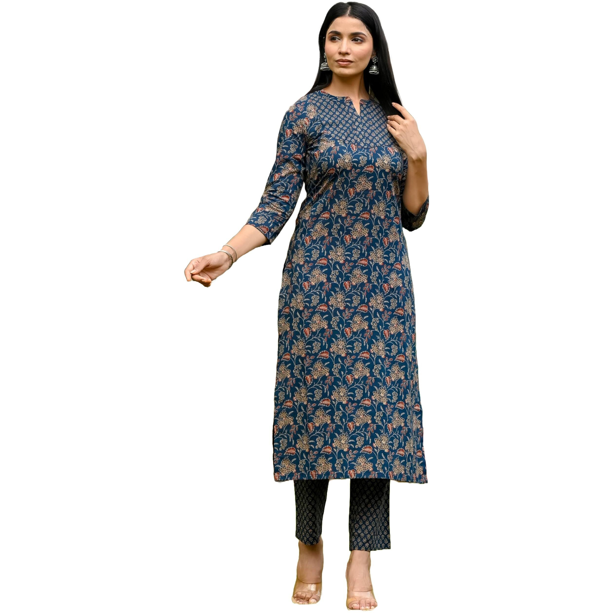 ANNI DESIGNER Women's Rayon Blend Straight Printed Kurta with Pant (OMMY Blue_L_Blue_Large)