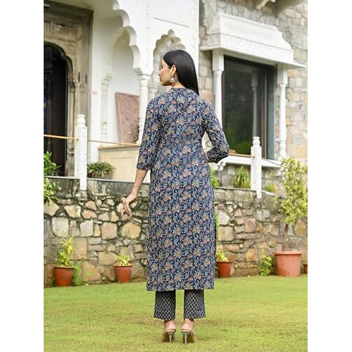 ANNI DESIGNER Women's Rayon Blend Straight Printed Kurta with Pant (OMMY Blue_L_Blue_Large)