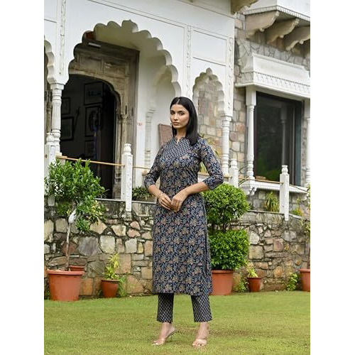 ANNI DESIGNER Women's Rayon Blend Straight Printed Kurta with Pant (OMMY Blue_L_Blue_Large)