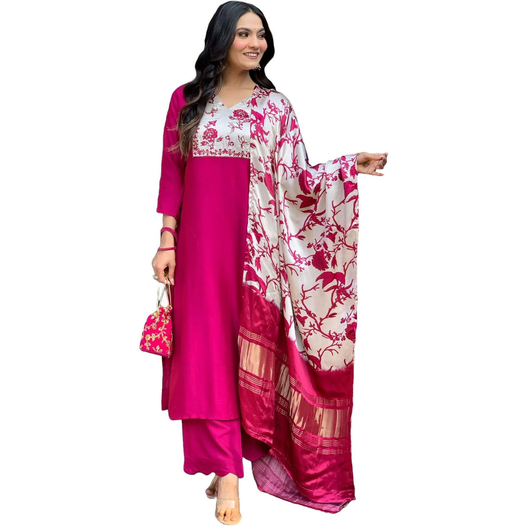 ANNI DESIGNER Women's Rayon Viscose Printed Straight Kurta with Pant & Dupatta (Kapasa Pink_XL_Pink_X-Large)