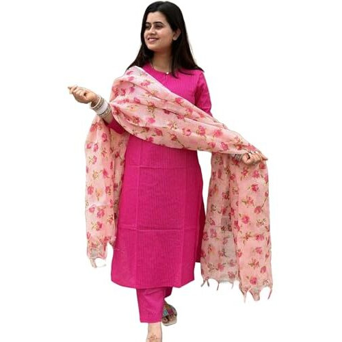 ANNI DESIGNER Women's Rayon Blend Printed Straight Kurta with Pant & Dupatta (BARHAI Pink_XL_Pink_X-Large)