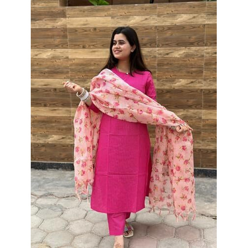 ANNI DESIGNER Women's Rayon Blend Printed Straight Kurta with Pant & Dupatta (BARHAI Pink_XL_Pink_X-Large)