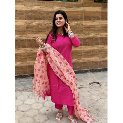 ANNI DESIGNER Women's Rayon Blend Printed Straight Kurta with Pant & Dupatta (BARHAI Pink_XL_Pink_X-Large)
