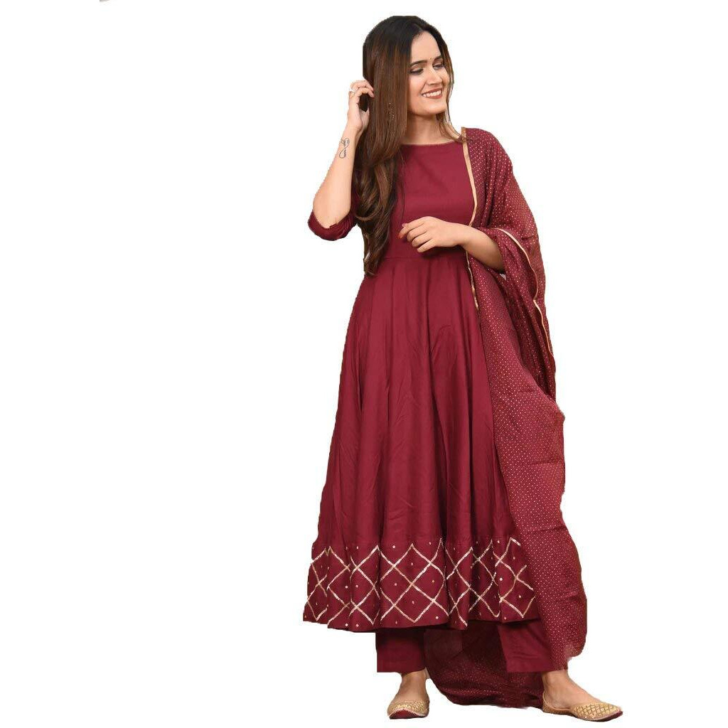 ANNI DESIGNER Women's Maroon Color Rayon Kurta with Dupatta (KUMT-Dress-Maroon_S)