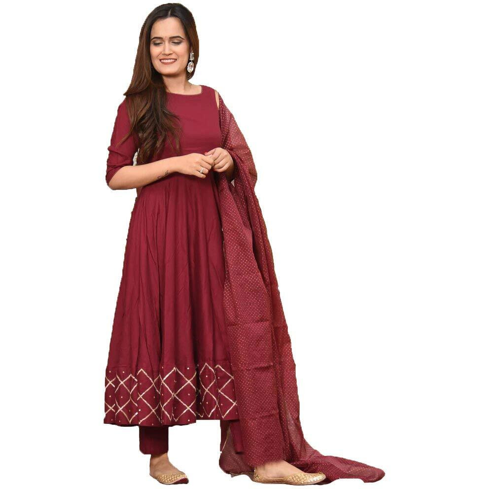 ANNI DESIGNER Women's Maroon Color Rayon Kurta with Dupatta (KUMT-Dress-Maroon_S)