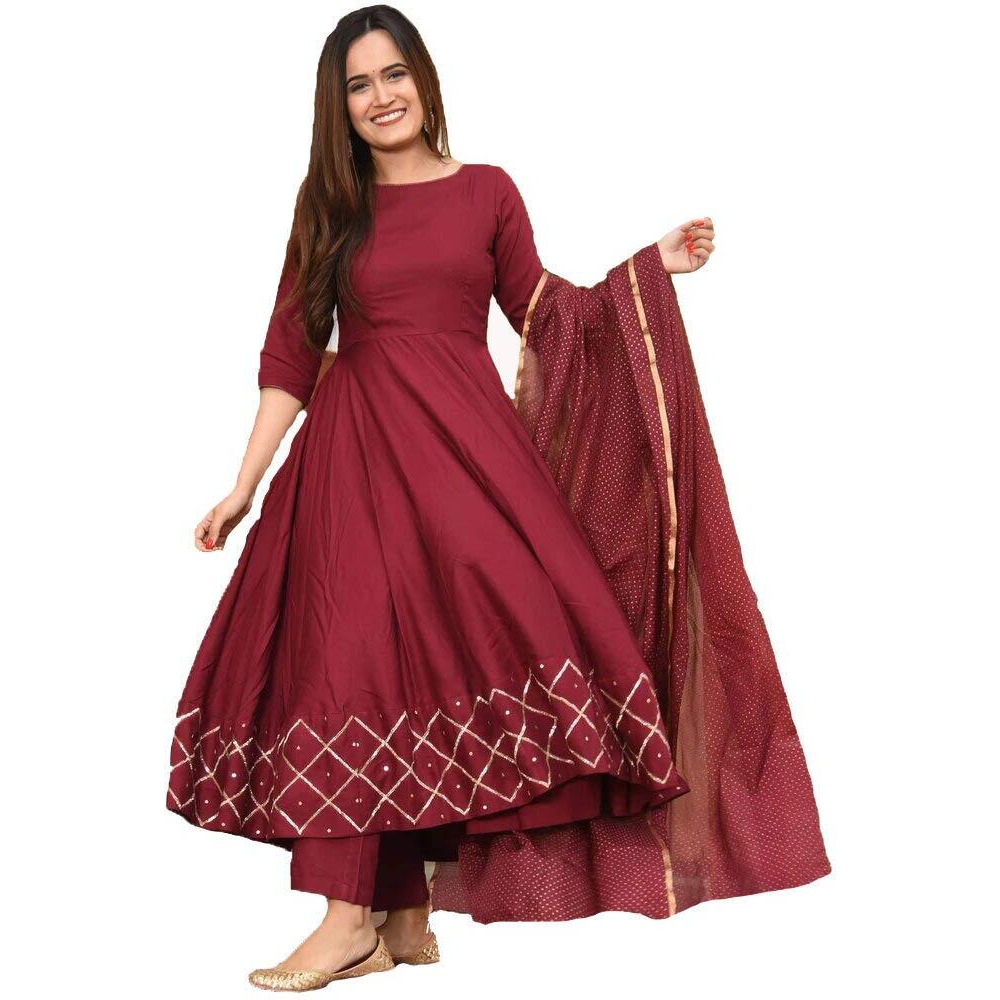 ANNI DESIGNER Women's Maroon Color Rayon Kurta with Dupatta (KUMT-Dress-Maroon_S)