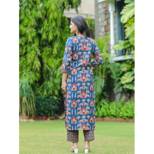 ANNI DESIGNER Women's Cotton Blend Straight Printed Kurta with Pant (Kagali Blue_S_Blue_Small)