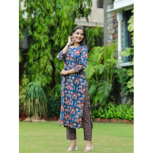 ANNI DESIGNER Women's Cotton Blend Straight Printed Kurta with Pant (Kagali Blue_S_Blue_Small)