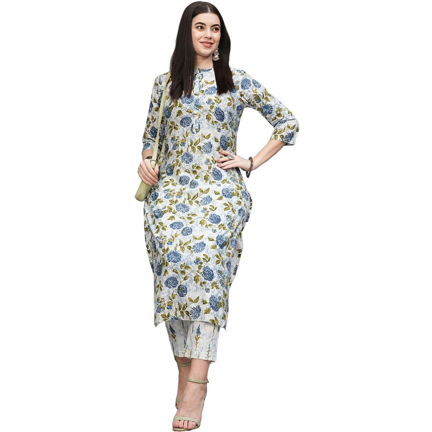 ANNI DESIGNER Women's Cotton Blend Straight Printed Kurta with Pant (Dafiya Green_S_Green_Small)