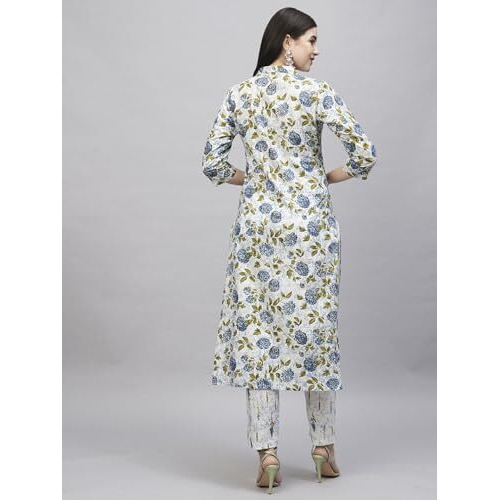 ANNI DESIGNER Women's Cotton Blend Straight Printed Kurta with Pant (Dafiya Green_S_Green_Small)