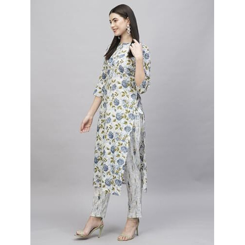ANNI DESIGNER Women's Cotton Blend Straight Printed Kurta with Pant (Dafiya Green_S_Green_Small)