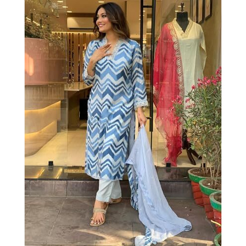 ANNI DESIGNER Women's Cotton Blend Straight Printed Kurta with Pant & Dupatta (Aroor Blue_L_Blue_Large)