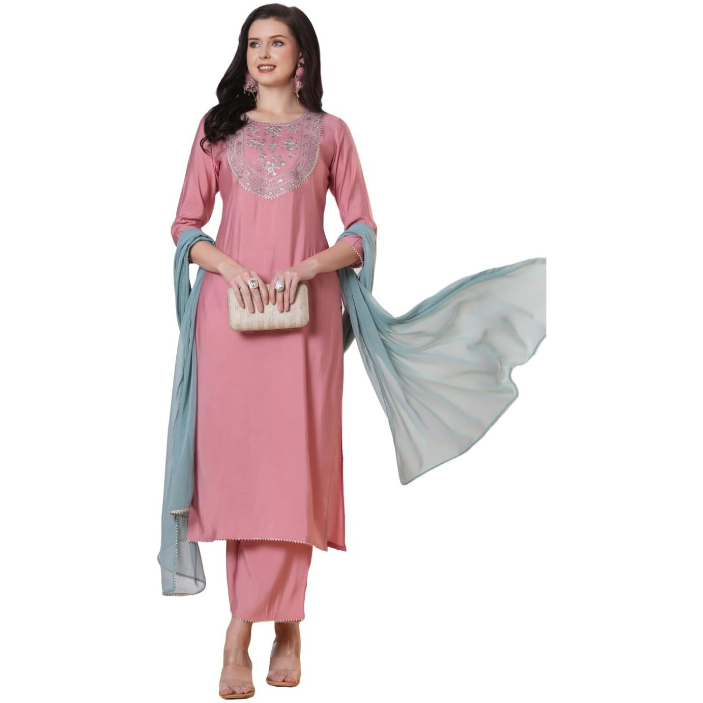 ANNI DESIGNER Women's Rayon Viscose Embroidered Straight Kurta with Pant & Dupatta (Meja Pink_L_Pink_Large)