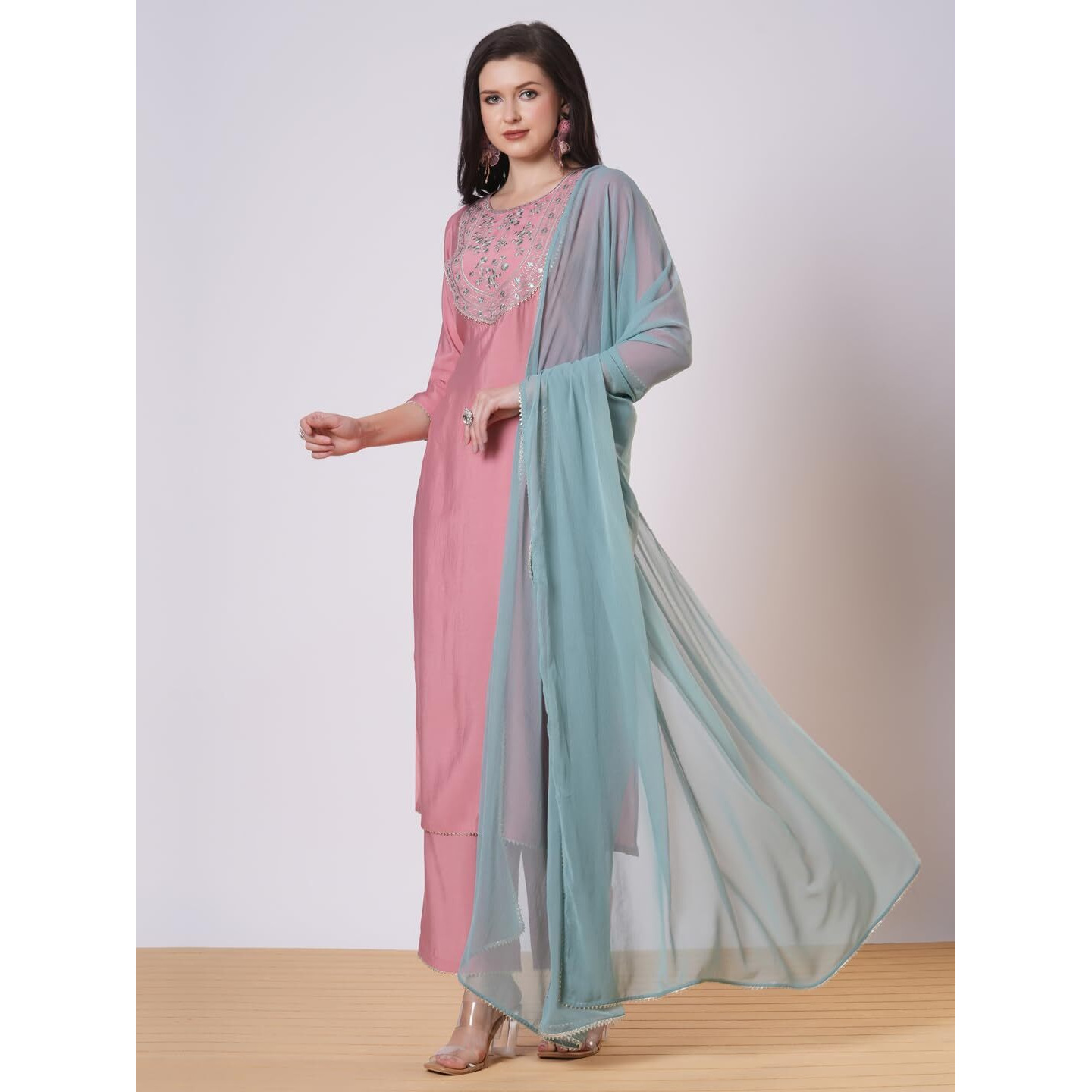 ANNI DESIGNER Women's Rayon Viscose Embroidered Straight Kurta with Pant & Dupatta (Meja Pink_L_Pink_Large)