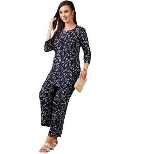 ANNI DESIGNER Women's Rayon Blend Bandhej Printed Ethnic Co-Ord Set (Nesta Blue-NL_S_Blue_Small)