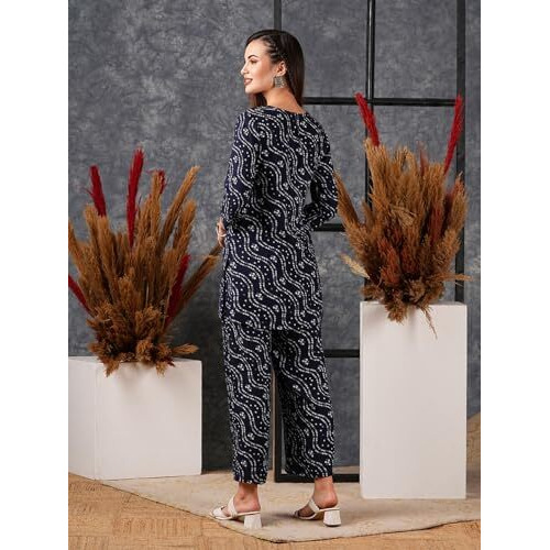ANNI DESIGNER Women's Rayon Blend Bandhej Printed Ethnic Co-Ord Set (Nesta Blue-NL_S_Blue_Small)