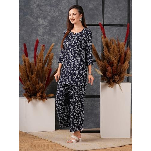 ANNI DESIGNER Women's Rayon Blend Bandhej Printed Ethnic Co-Ord Set (Nesta Blue-NL_S_Blue_Small)