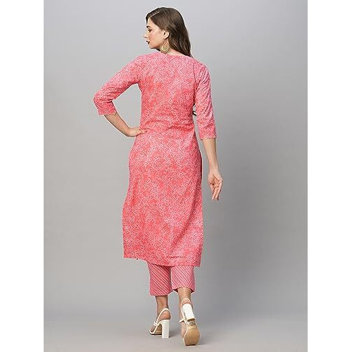 ANNI DESIGNER Women's Cotton Blend Straight Printed Kurta with Pant Set (EDF-Pink_M_Pink_Medium)