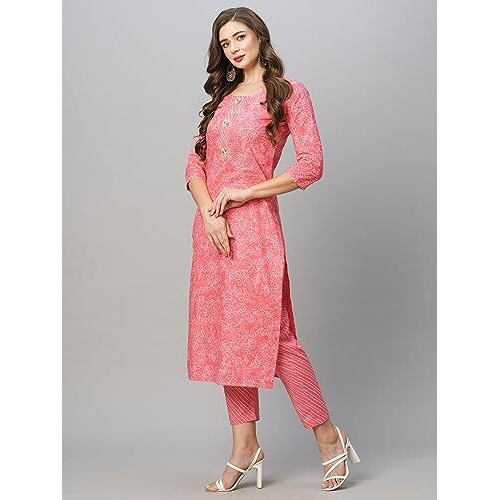ANNI DESIGNER Women's Cotton Blend Straight Printed Kurta with Pant Set (EDF-Pink_M_Pink_Medium)
