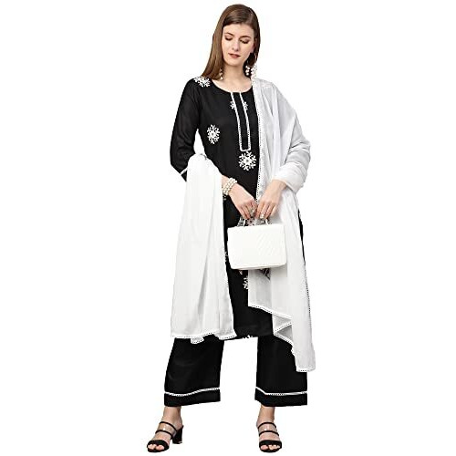 ANNI DESIGNER Women's Cotton Blend Kurta with Palazzo & Dupatta (Saadgi_Black_Small)