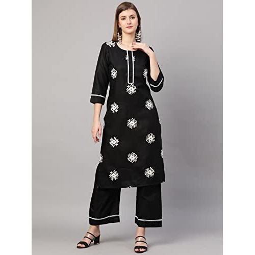 ANNI DESIGNER Women's Cotton Blend Kurta with Palazzo & Dupatta (Saadgi_Black_Small)