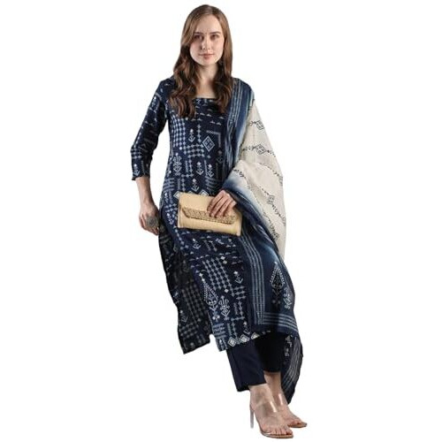 ANNI DESIGNER Women's Rayon Blend Straight Printed Kurta with Pant & Dupatta (PAULMI BLUE-VKS02_M_Blue_Medium)