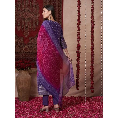 ANNI DESIGNER Women's Rayon Viscose Printed Straight Kurta with Pant & Dupatta (Subhi Begani-VKS04_L_Begani_Large)