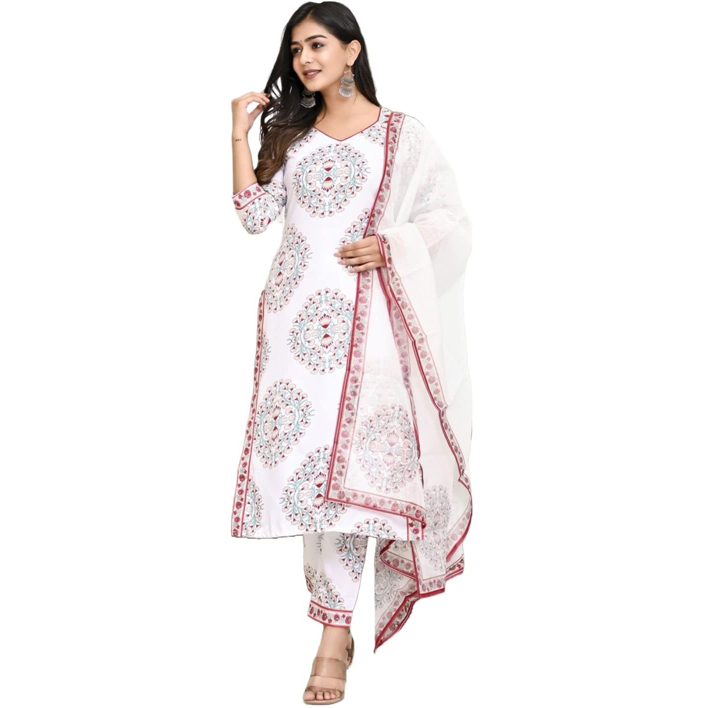 ANNI DESIGNER Women's Cotton Blend Floral Printed Straight Kurta with Pants & Dupatta (Cup-Off-White-CMD_S_White_Small)