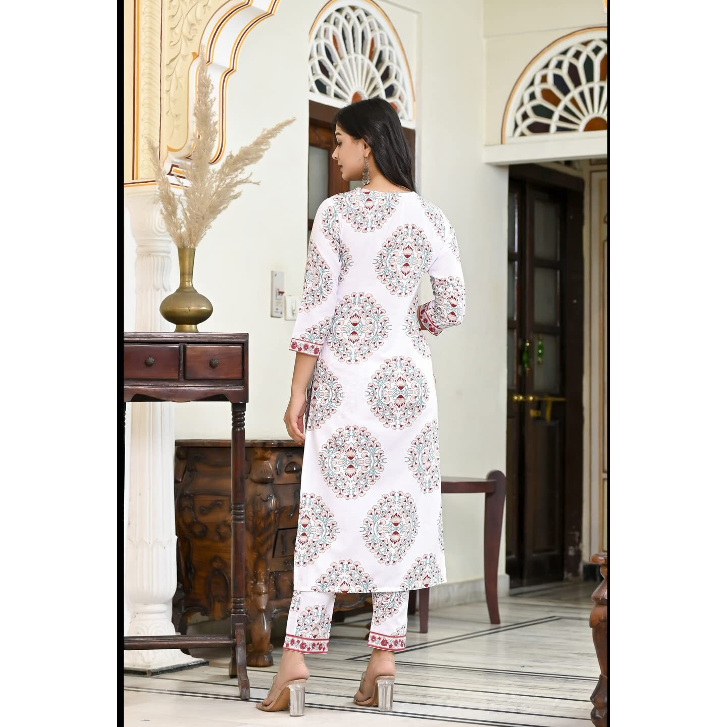 ANNI DESIGNER Women's Cotton Blend Floral Printed Straight Kurta with Pants & Dupatta (Cup-Off-White-CMD_S_White_Small)