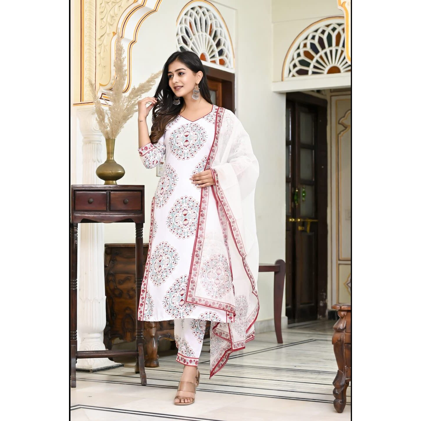 ANNI DESIGNER Women's Cotton Blend Floral Printed Straight Kurta with Pants & Dupatta (Cup-Off-White-CMD_S_White_Small)