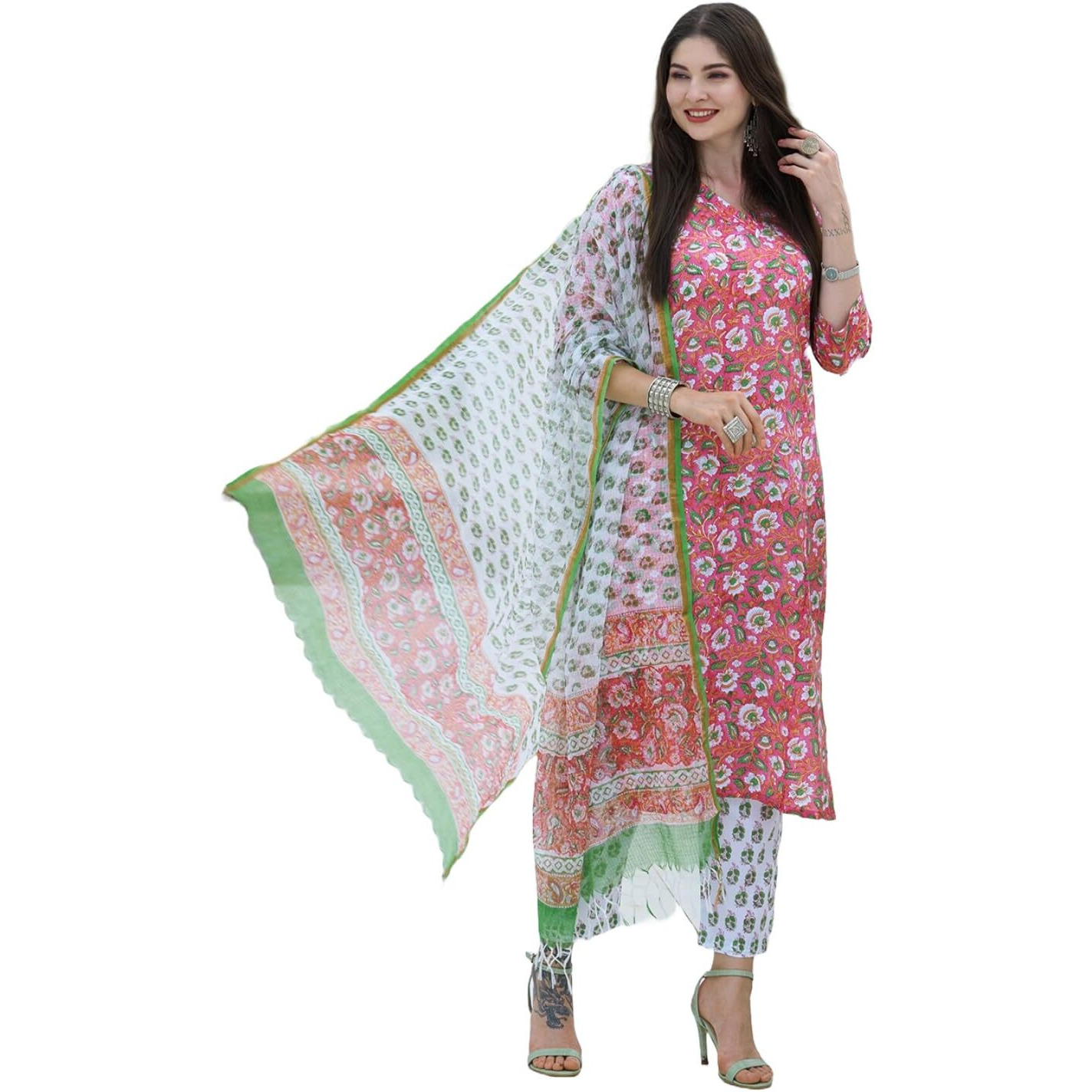 ANNI DESIGNER Women's Cotton Blend Floral Straight Kurta with Pant & Dupatta (Tanvi RED X-Large)