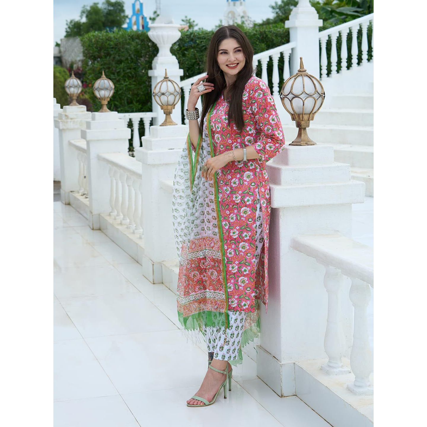 ANNI DESIGNER Women's Cotton Blend Floral Straight Kurta with Pant & Dupatta (Tanvi RED X-Large)