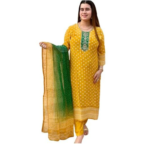 ANNI DESIGNER Women's Rayon Blend Printed Straight Kurta with Pant & Dupatta (Subhi Yellow_S_Yellow_Small)