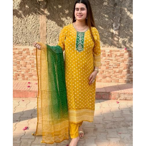 ANNI DESIGNER Women's Rayon Blend Printed Straight Kurta with Pant & Dupatta (Subhi Yellow_S_Yellow_Small)