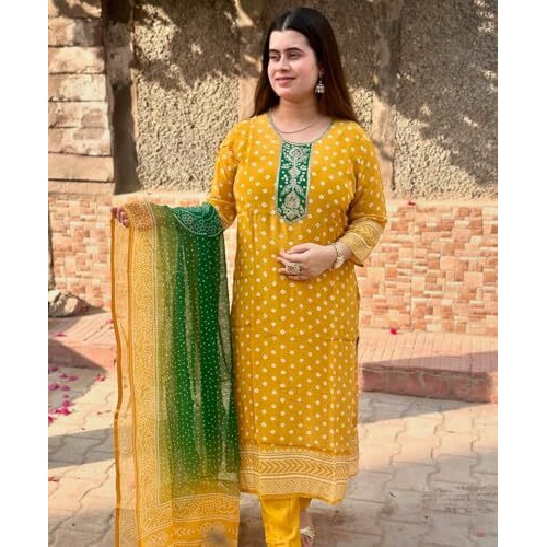 ANNI DESIGNER Women's Rayon Blend Printed Straight Kurta with Pant & Dupatta (Subhi Yellow_S_Yellow_Small)
