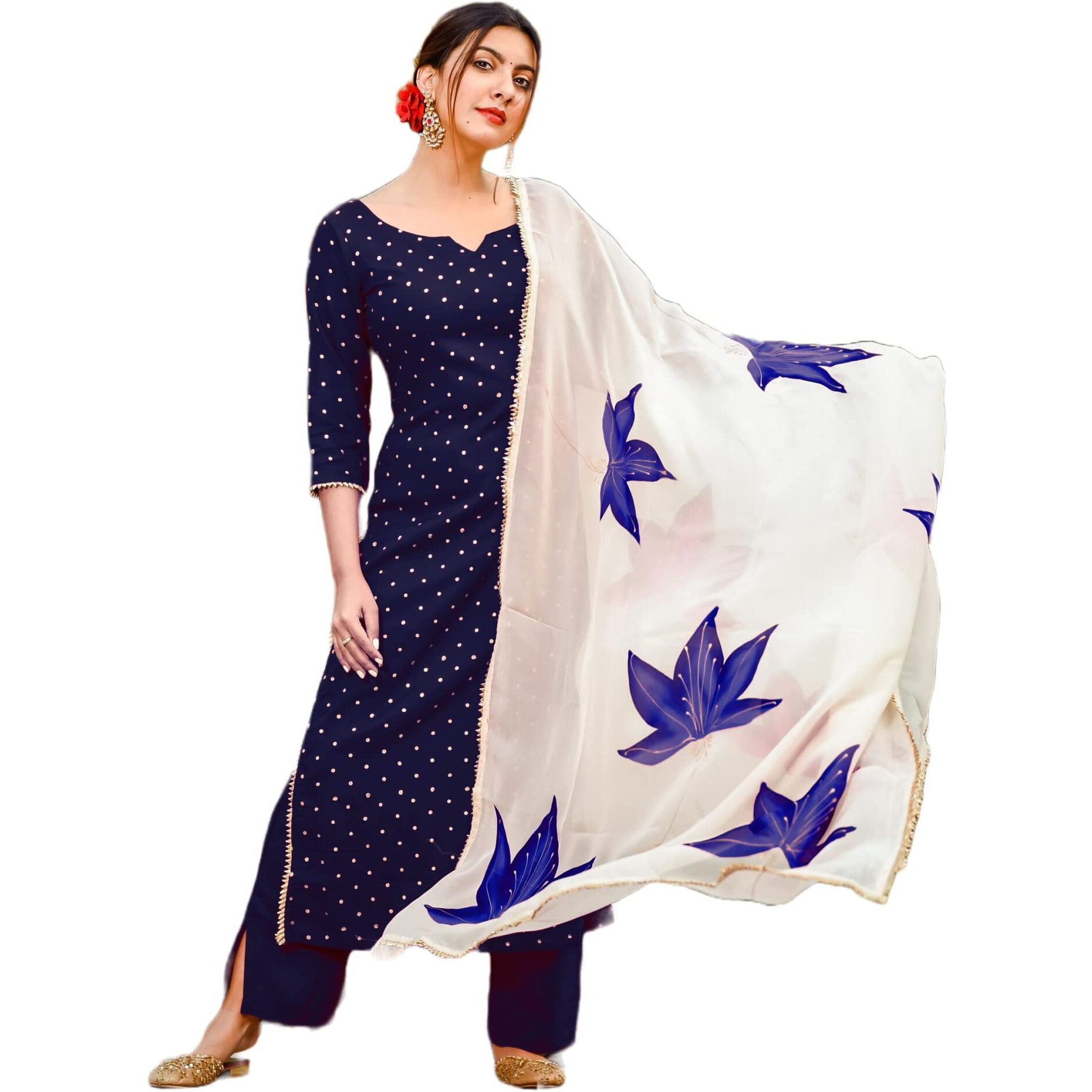 ANNI DESIGNER Women's Rayon Straight Raspberry Handpainted Kurta with Palazzos & Dupatta (Rayon STY Blue_L_Blue_Large)