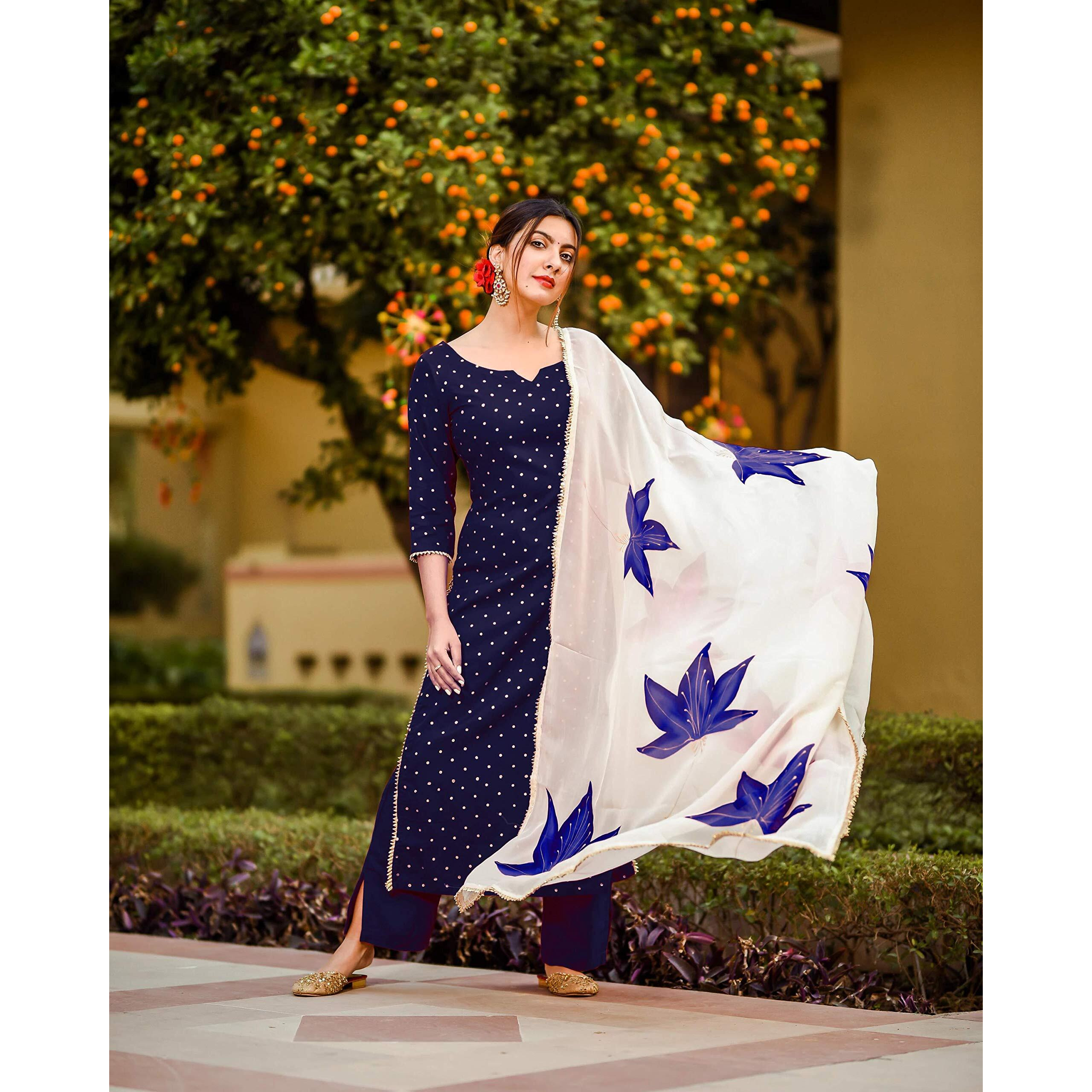ANNI DESIGNER Women's Rayon Straight Raspberry Handpainted Kurta with Palazzos & Dupatta (Rayon STY Blue_L_Blue_Large)