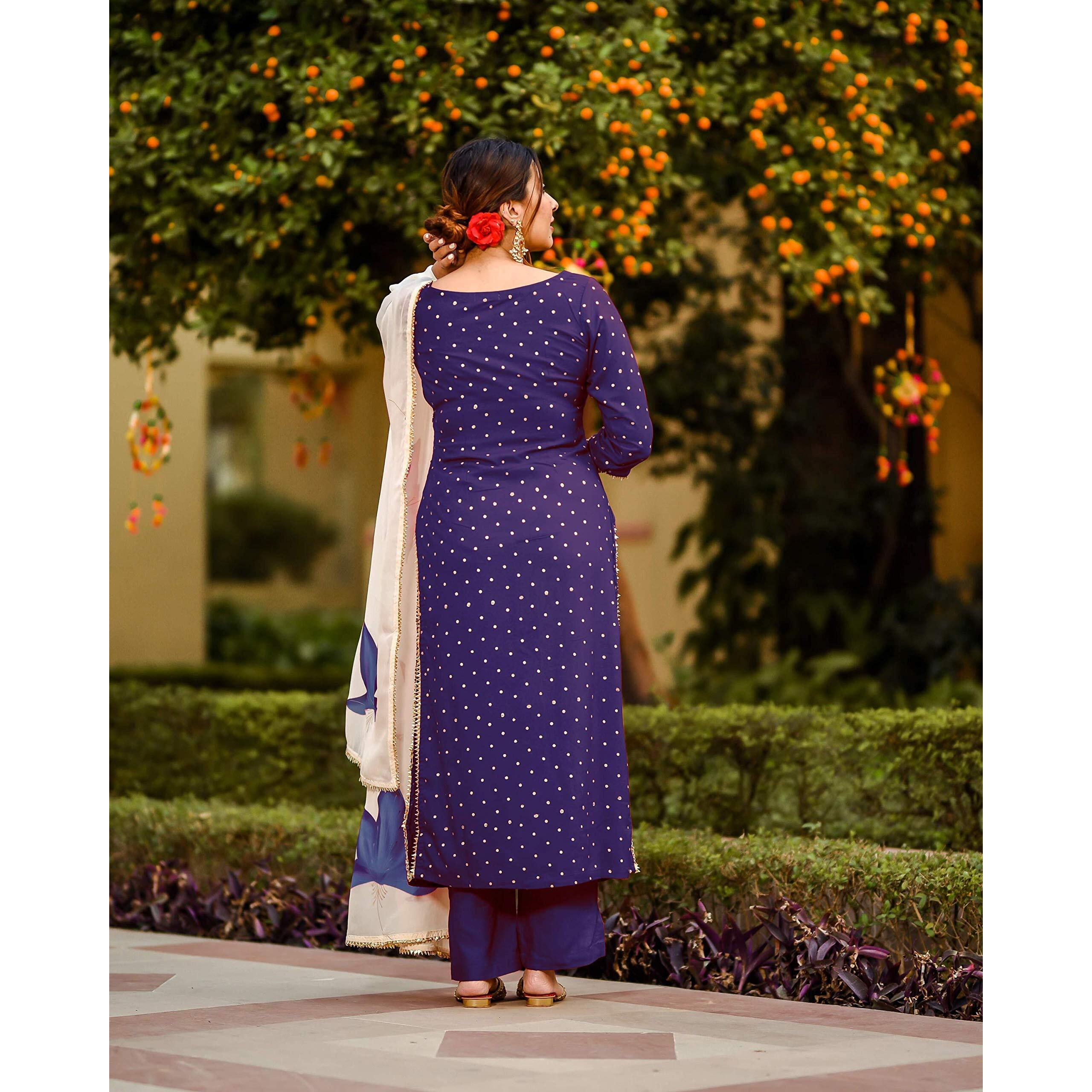 ANNI DESIGNER Women's Rayon Straight Raspberry Handpainted Kurta with Palazzos & Dupatta (Rayon STY Blue_L_Blue_Large)