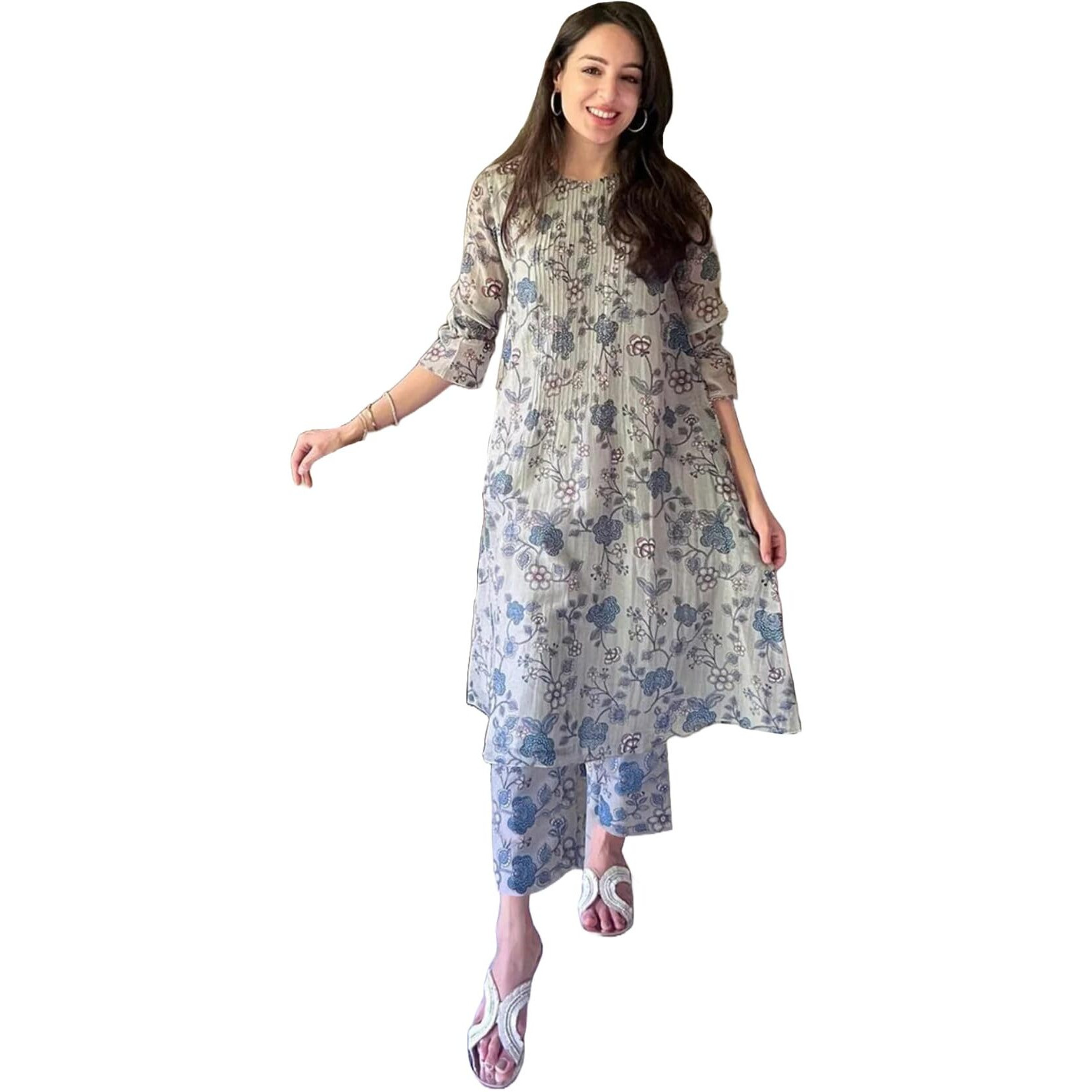 ANNI DESIGNER Women's Rayon Viscose Printed Anarkali Kurta with Pant (JUBI White_XL_White_X-Large)