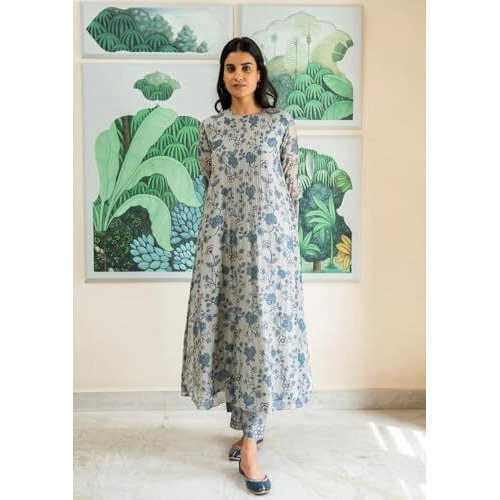 ANNI DESIGNER Women's Rayon Viscose Printed Anarkali Kurta with Pant (JUBI White_XL_White_X-Large)