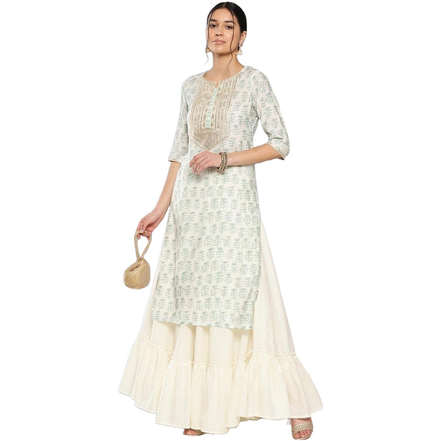 ANNI DESIGNER Women's Cotton Blend Printed Straight Kurta (Chameli_Green_Small)