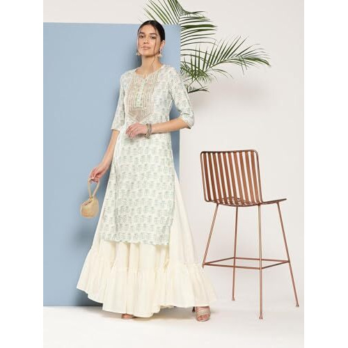 ANNI DESIGNER Women's Cotton Blend Printed Straight Kurta (Chameli_Green_Small)