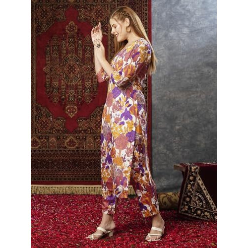 ANNI DESIGNER Women's Cotton Blend Straight Printed Kurta with Pant (Samlok Begani_M_Begani_Medium)