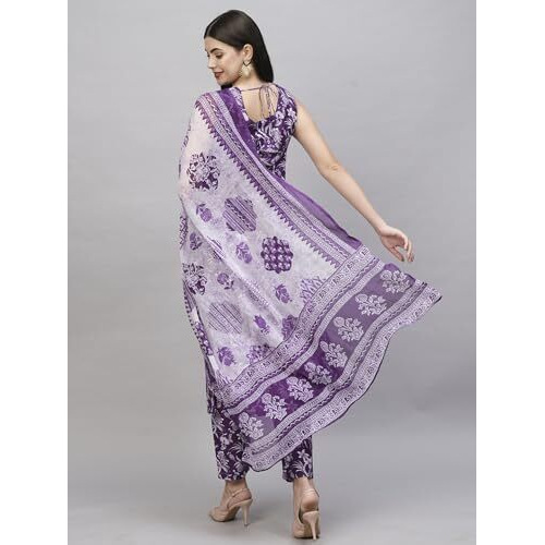 ANNI DESIGNER Women's Rayon Blend Straight Printed Kurta with Pant & Dupatta (Ball-Purple-RKG_XL_Purple_X-Large)