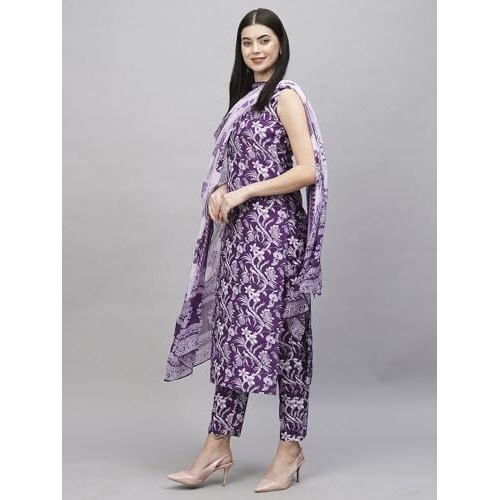 ANNI DESIGNER Women's Rayon Blend Straight Printed Kurta with Pant & Dupatta (Ball-Purple-RKG_XL_Purple_X-Large)