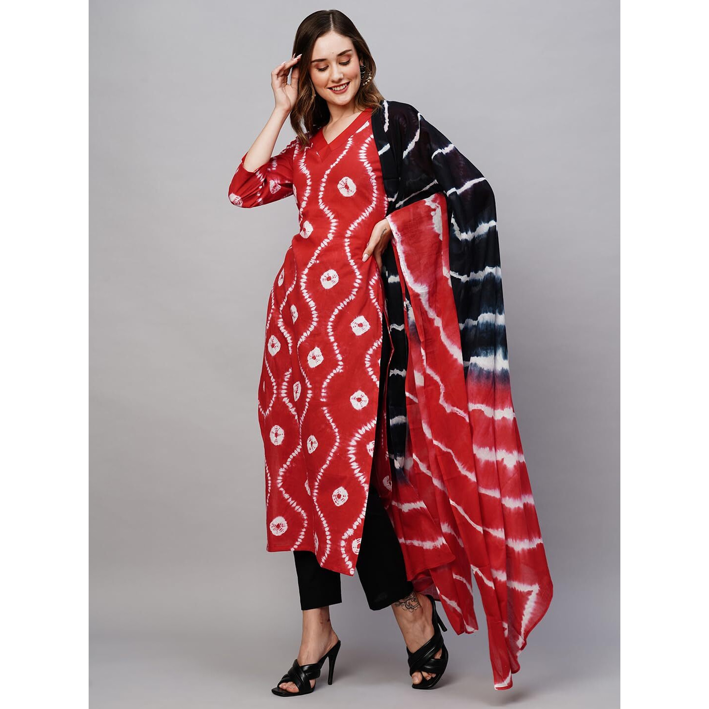 ANNI DESIGNER Women's Cotton Blend Straight Printed Kurta with Pant & Dupatta (Mayavi Red-NRW_S_Red & Black_Small)