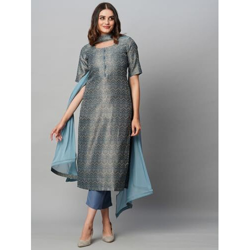 ANNI DESIGNER Women's Cotton Blend Straight Printed Kurta with Pant & Dupatta (Luis Firoji_XL_Blue_X-Large)